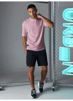 Maniac Mens Solid Round Neck 3/4th Sleeve Pink Seersucker CottonBlend Oversized T-Shirt  - Image 5