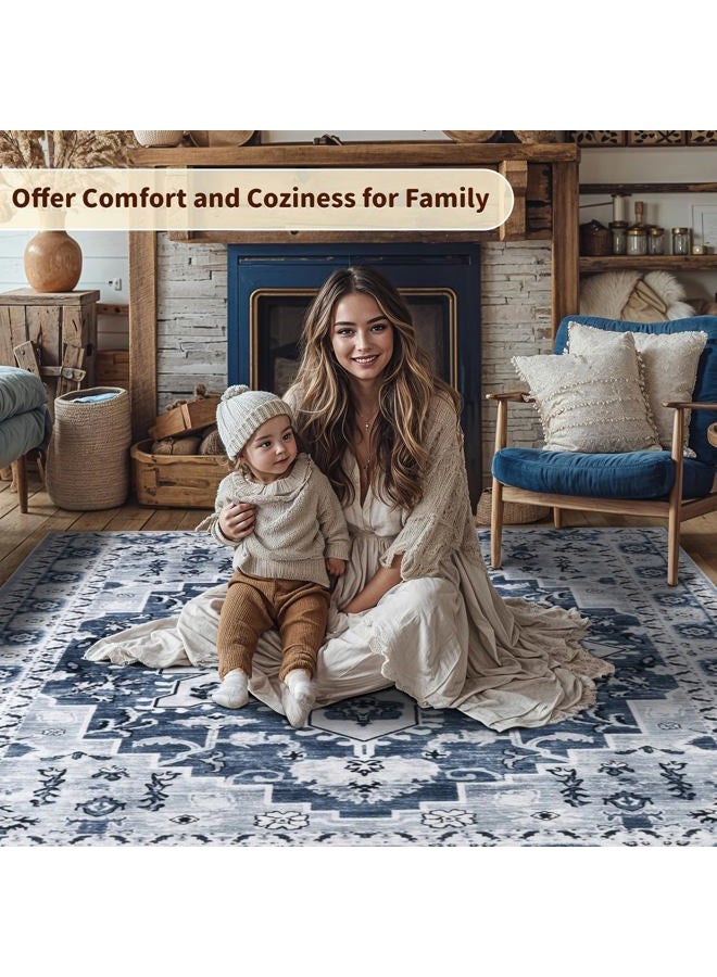LBRO2M Boho Area Rug 8X10 Washable Rugs for Living Room Low Piles Indoor Rug, Non Slip Soft Carpet for Bedroom, Dining Room, Blue Rug Foldable Pet Friendly Area Rugs Stain Resistant (8'X10' Blue) - Image 3
