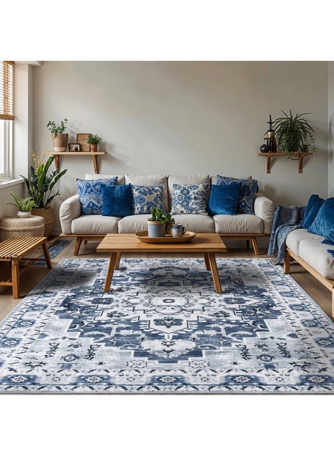 LBRO2M Boho Area Rug 8X10 Washable Rugs for Living Room Low Piles Indoor Rug, Non Slip Soft Carpet for Bedroom, Dining Room, Blue Rug Foldable Pet Friendly Area Rugs Stain Resistant (8'X10' Blue) - Image 2