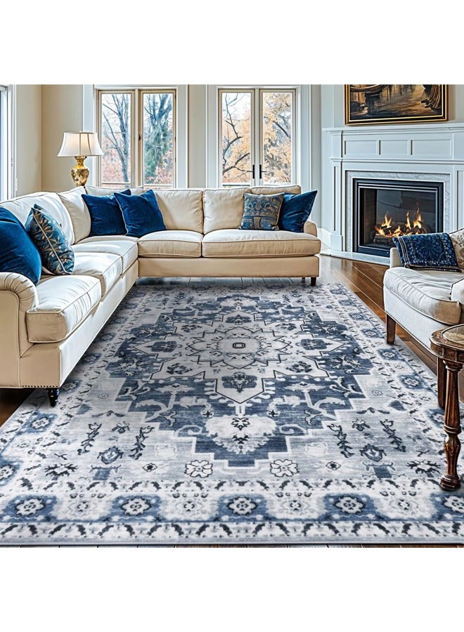 LBRO2M Boho Area Rug 8X10 Washable Rugs for Living Room Low Piles Indoor Rug, Non Slip Soft Carpet for Bedroom, Dining Room, Blue Rug Foldable Pet Friendly Area Rugs Stain Resistant (8'X10' Blue) - Image 1
