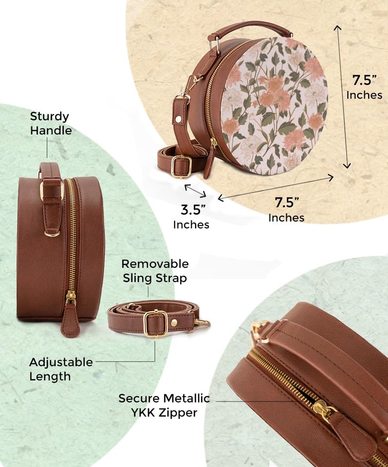 Kalankit Sling Bags For Women | Vegan Leather Round Box Sling | Crossbody Floral Sling Side Purse, Birthday Gifts For Women | Cute Sling Bag For Teenage Girls, Side Bag, Rakhi Gift For Sister - Image 2
