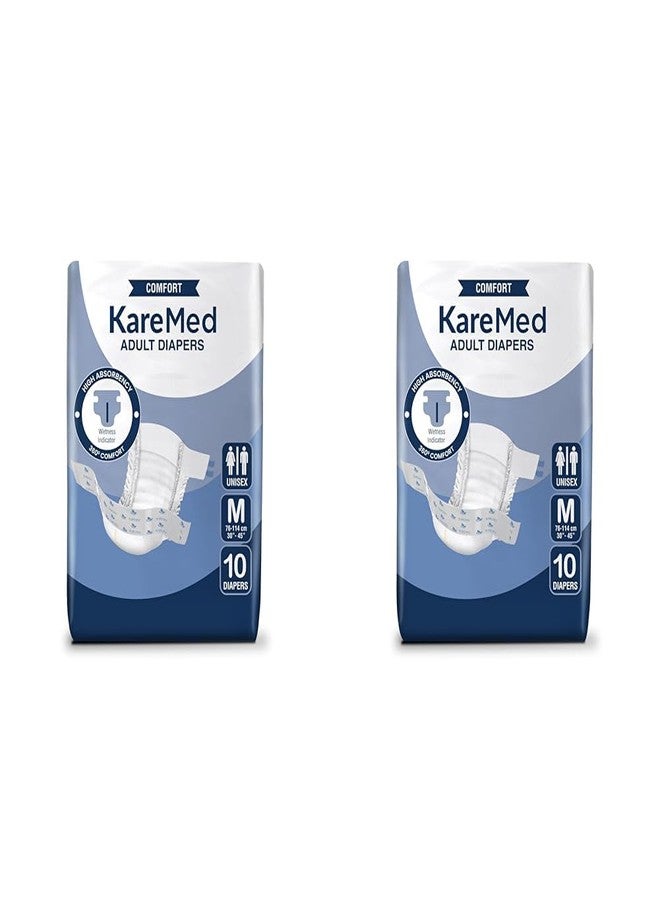 KareMed Comfort Adult Diapers, Medium, Waist Size 76-114 Cm (30"-45"), 10 Count, Tape Style, Unisex, High Absorbency, Leak Proof, Wetness Indicator (Pack of 2)