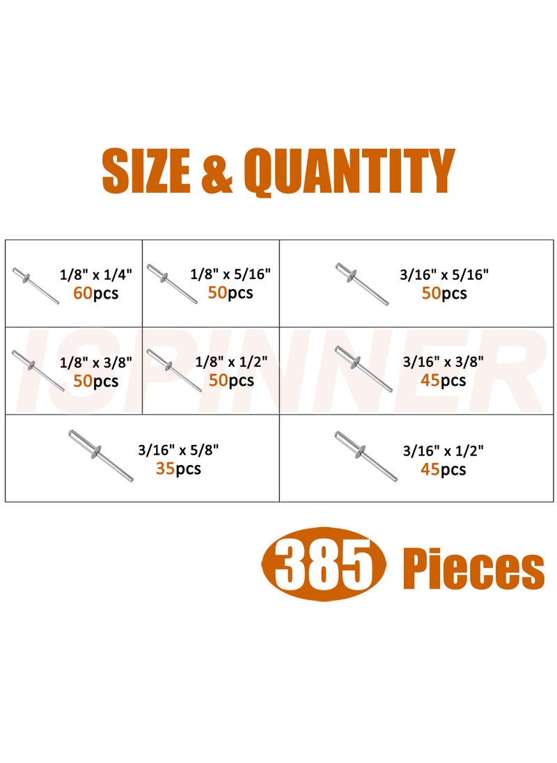 ISPINNER ISPINNER 385pcs 8 Sizes Aluminum Blind Rivets, Pop Rivets Assortment Kit (Silver)  - Image 2