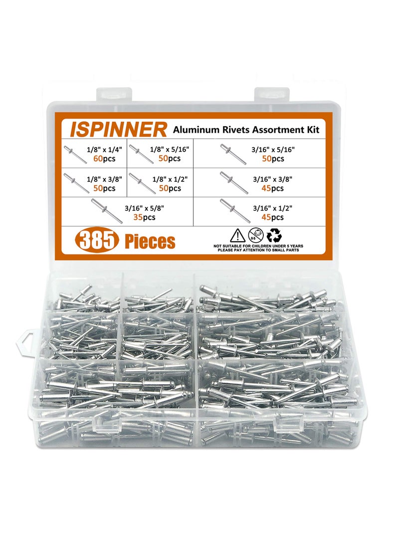 ISPINNER ISPINNER 385pcs 8 Sizes Aluminum Blind Rivets, Pop Rivets Assortment Kit (Silver)  - Image 1