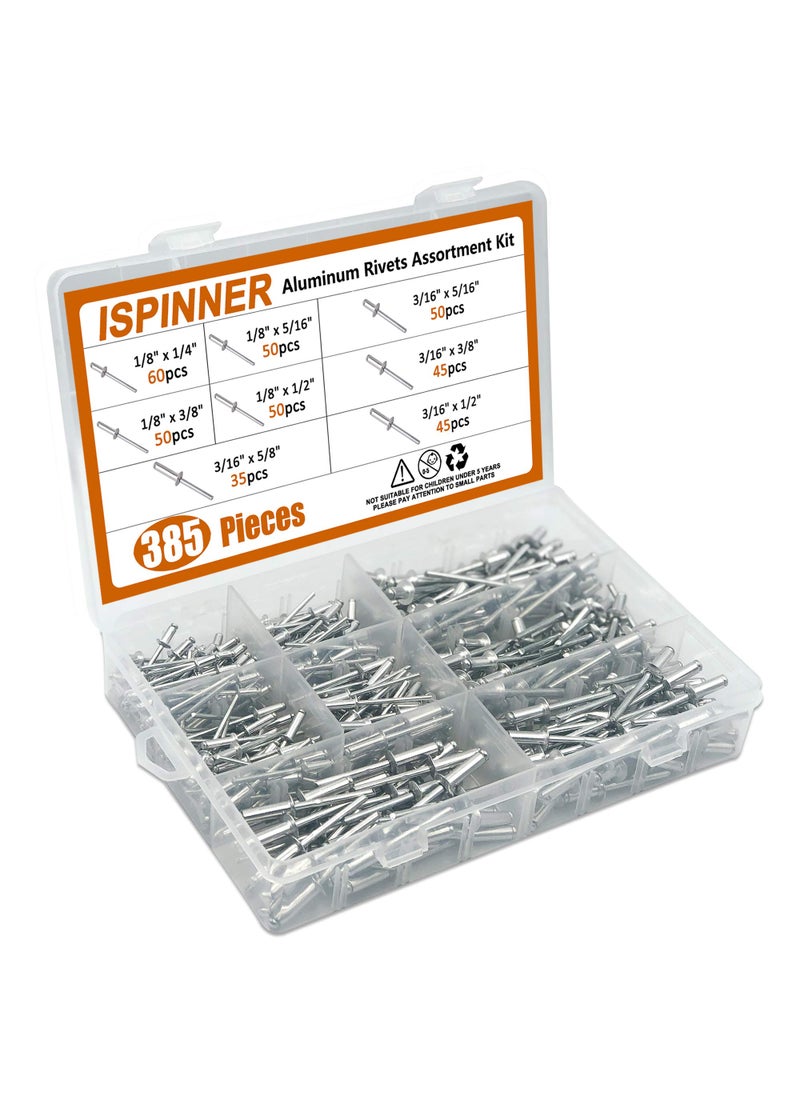 ISPINNER ISPINNER 385pcs 8 Sizes Aluminum Blind Rivets, Pop Rivets Assortment Kit (Silver)  - Image 3