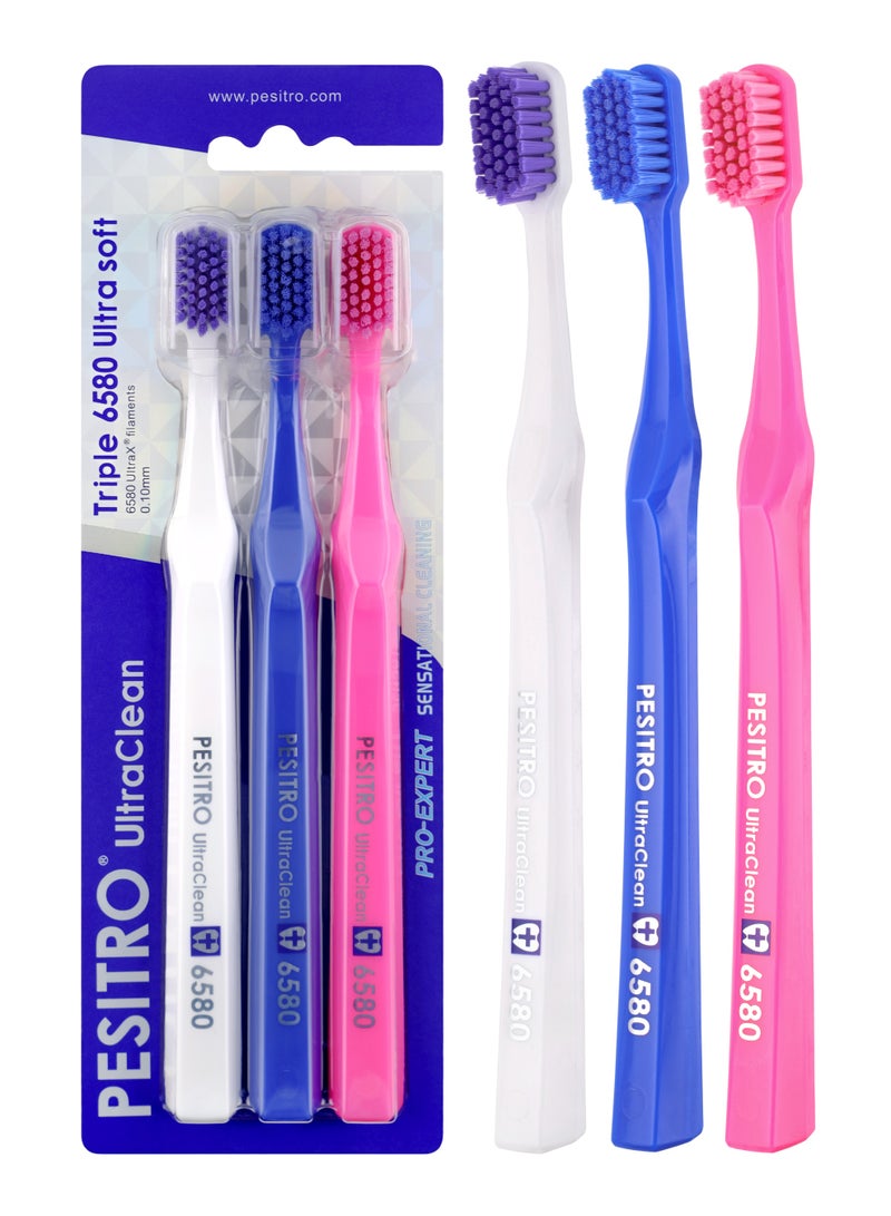 PESITRO UltraClean Triple 6580 Ultra Soft Toothbrush 3-Pack – 6,580 Ultra-Soft Bristles, Family Daily Oral Care Set - Image 1