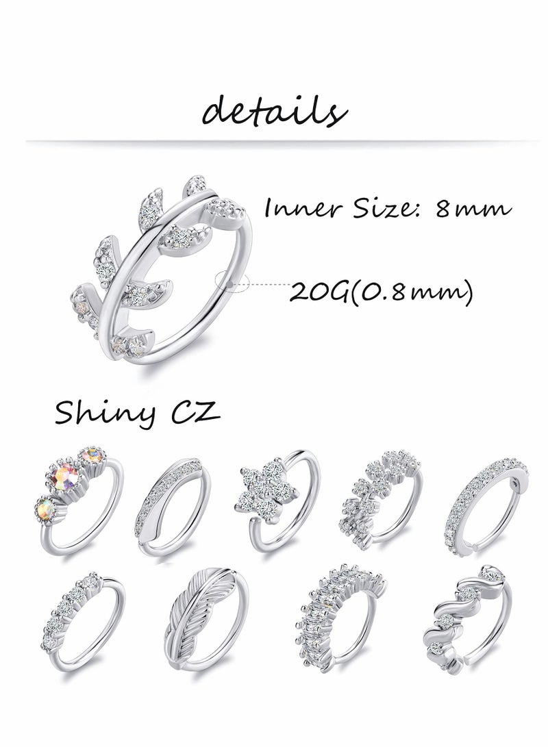 Nose Ring Hoop, Zircon Nose Ring Jewelry Decoration, Paved Mosaic Feather Cartilage Earrings Pierced 20G Nose Rings for Men and Women (10 Pcs, Silver)  - Image 2