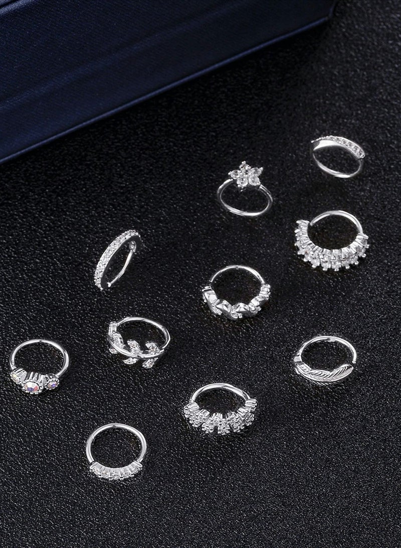 Nose Ring Hoop, Zircon Nose Ring Jewelry Decoration, Paved Mosaic Feather Cartilage Earrings Pierced 20G Nose Rings for Men and Women (10 Pcs, Silver)  - Image 5