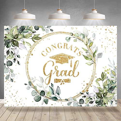 Rsuuinu Greenery Congrats Grad Backdrop Graduation Class of 2024 Green Leaves Graduate Party Photography Background Graduation Party Decorations Supplies Cake Table Banner Photo Booth Props 7x5ft - Image 1