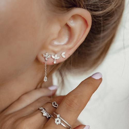 Krfy 3 Pairs Dainty 14K Gold Plated Earrings for Women - Dangle Cartilage Earring Sterling Silver Post Hypoallergenic Earring Sets for Multiple Piercing - Image 4