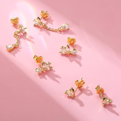 Krfy 3 Pairs Dainty 14K Gold Plated Earrings for Women - Dangle Cartilage Earring Sterling Silver Post Hypoallergenic Earring Sets for Multiple Piercing - Image 3