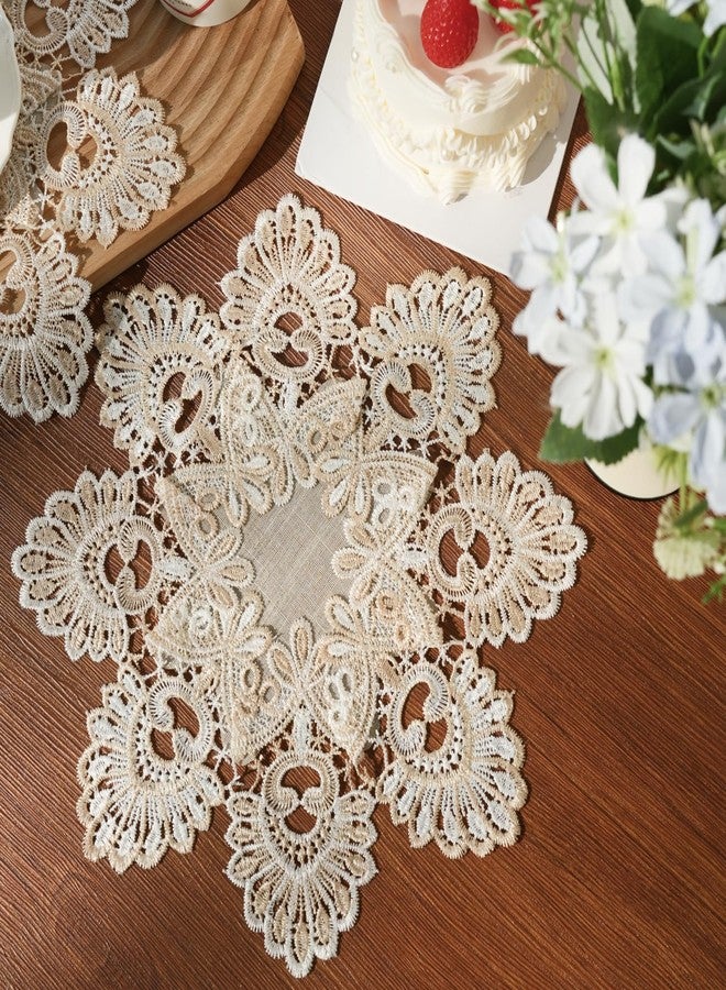 Phantomon 12 Inch Lace Placemats Embroidered Vintage Floral Beige Linen Lace Table Coasters, Decorative Drink Mats for Coffee, Tea & Dining Table, Set of 4 - Image 2