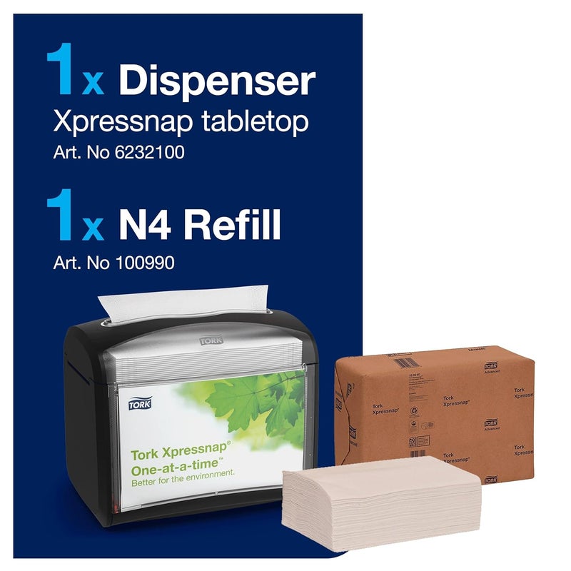 Tork Xpressnap Tabletop Napkin System Starter Pack Black N4, Dispenser and 1 x 500 One-at-a-Time Dispensing Napkins, 80062300 - Image 2