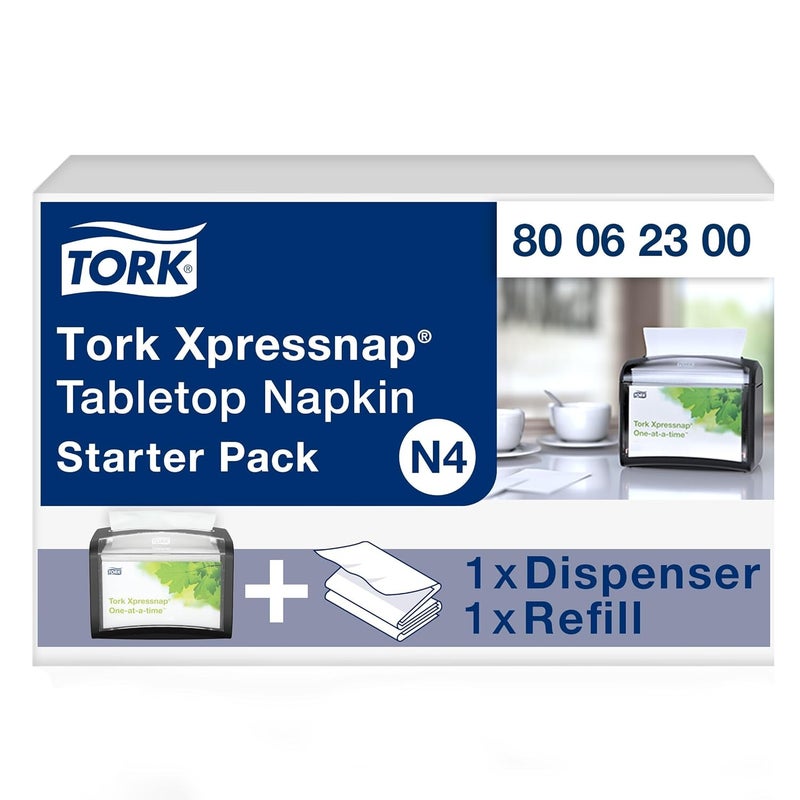 Tork Xpressnap Tabletop Napkin System Starter Pack Black N4, Dispenser and 1 x 500 One-at-a-Time Dispensing Napkins, 80062300 - Image 1