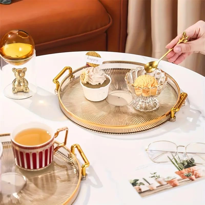 VPGS Serving Tray with Golden Handles, Acrylic Decorative Tray Round Tray, Serving Platter for Food, Drinks, Snack, Coffee, Tea, Display Tray for Home Bar Restaurant - Image 1