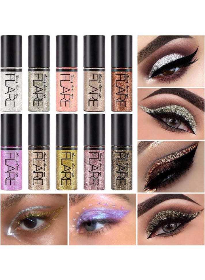 Rose Gold Flare 10 Colors Liquid Glitter Eyeshadow Eyeliner Makeup Stick Kit,Gold Metallic Shimmer Multicolor Glitter Eyeliner Sparkly Waterproof Long Lasting Liquid Eye Shadow Stick Sets Maquillaje Eye Makeup - Image 3