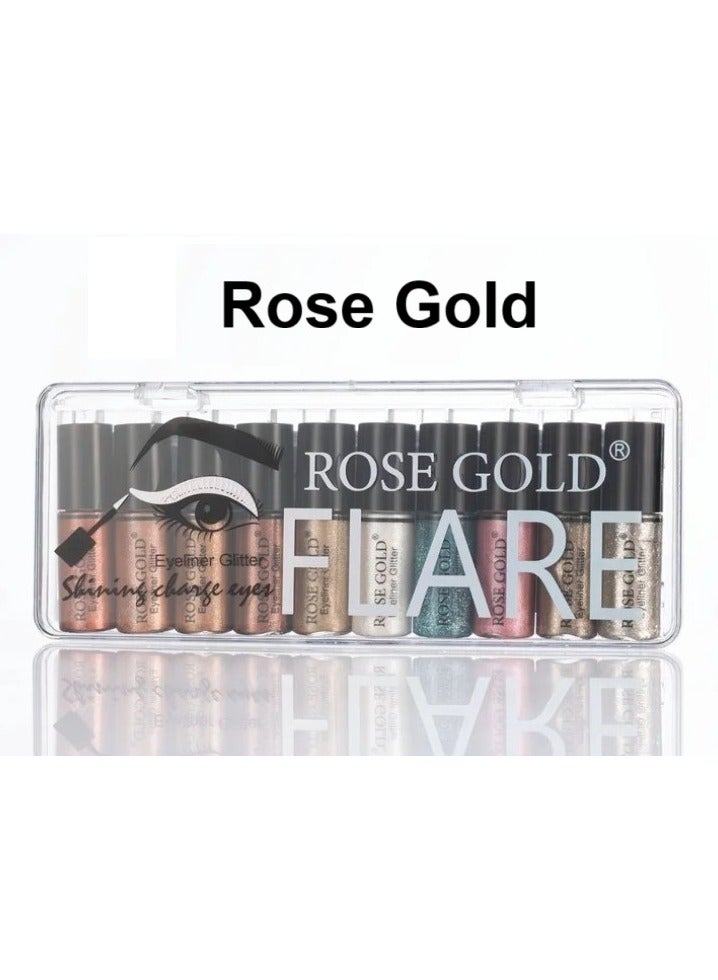 Rose Gold Flare 10 Colors Liquid Glitter Eyeshadow Eyeliner Makeup Stick Kit,Gold Metallic Shimmer Multicolor Glitter Eyeliner Sparkly Waterproof Long Lasting Liquid Eye Shadow Stick Sets Maquillaje Eye Makeup - Image 1