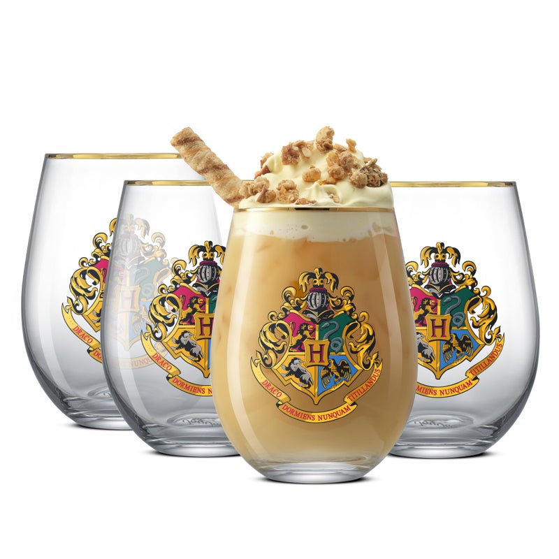 JoyJolt Harry Potter Hogwarts Heritage Stemless Drinking Glasses, 19oz Glass Tumblers, Teardrop Glass Drinking Glasses Set of 4, Hogwarts Cup, Harry Potter Gifts for Adults - Image 1