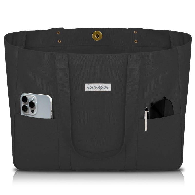 HOMESPON Large Canvas Tote Bag for Women Everything Bag with Pockets and Laptop Sleeve (Black) - Image 1
