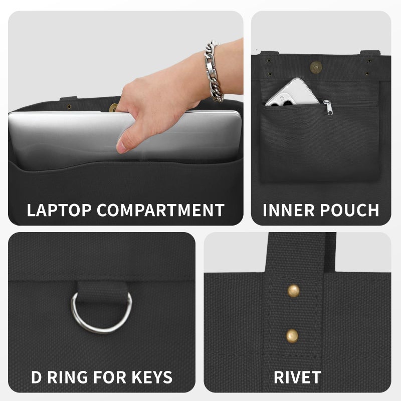 HOMESPON Large Canvas Tote Bag for Women Everything Bag with Pockets and Laptop Sleeve (Black) - Image 5