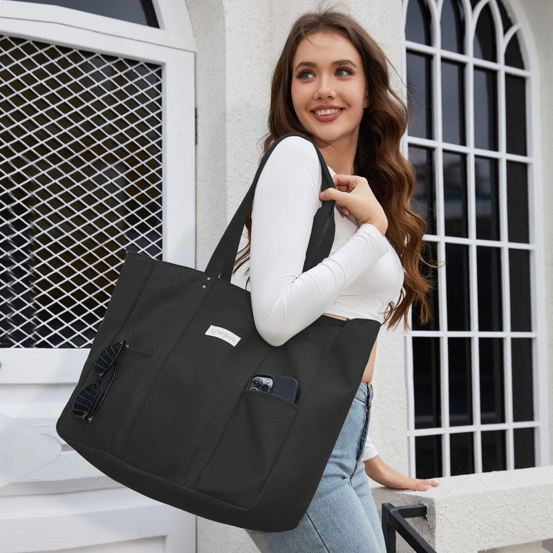 HOMESPON Large Canvas Tote Bag for Women Everything Bag with Pockets and Laptop Sleeve (Black) - Image 2