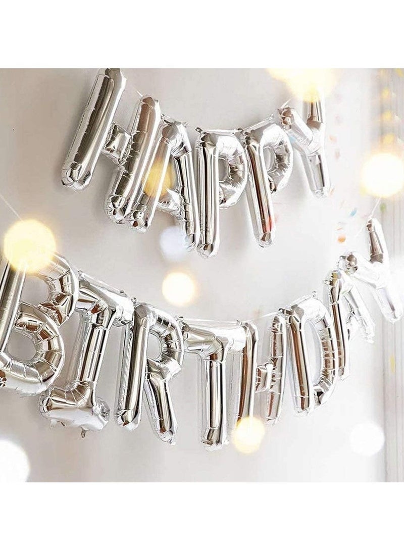 Party Generic Silver Happy Birthday Banner Balloons, Aphabet Happy Birthday Balloons Banner or Birthday Party Decoration - Image 1