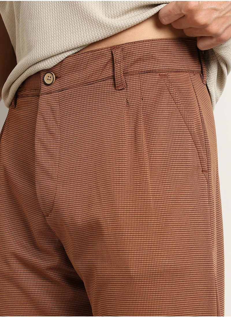 Campus Sutra Men's Russet Brown Micro-Check Chino Trousers