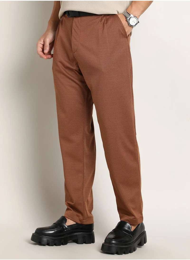 Campus Sutra Men's Russet Brown Micro-Check Chino Trousers