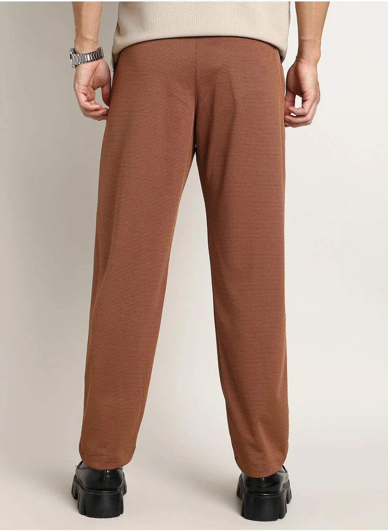Campus Sutra Men's Russet Brown Micro-Check Chino Trousers