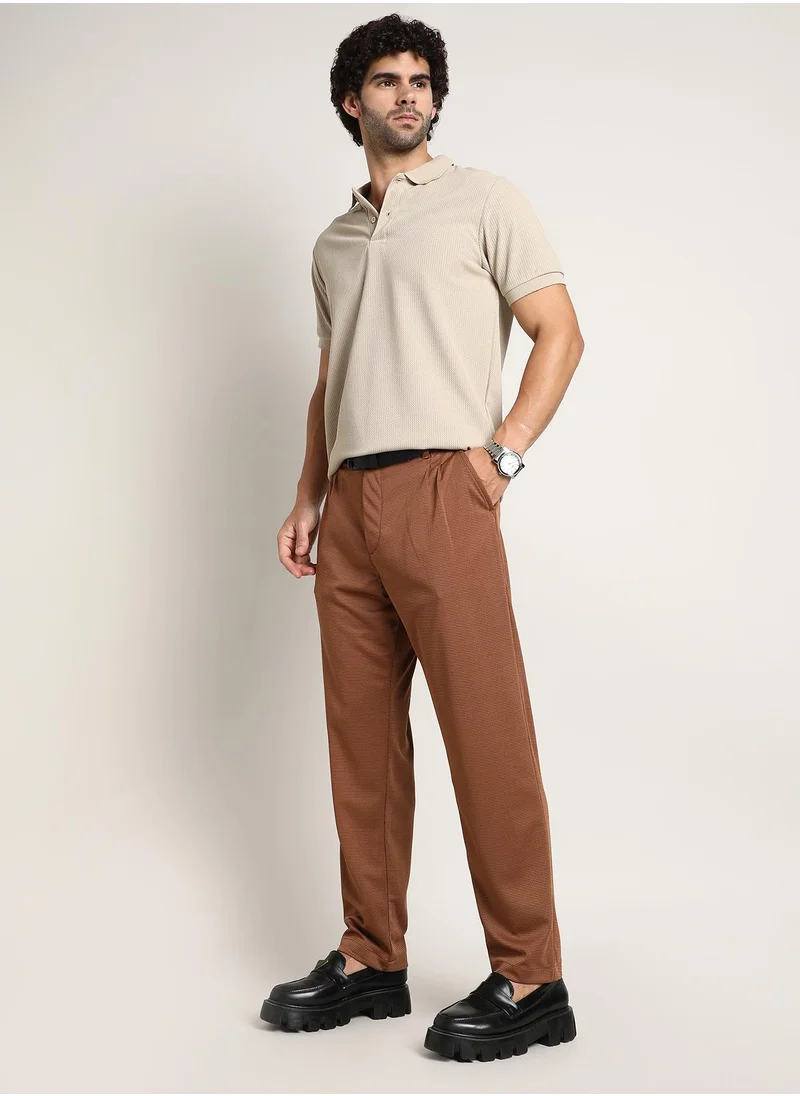 Campus Sutra Men's Russet Brown Micro-Check Chino Trousers