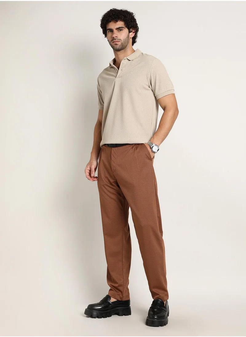 Campus Sutra Men's Russet Brown Micro-Check Chino Trousers