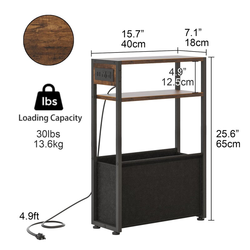 Leomonio Narrow Side Table, Slim End Tables with Fabric Basket, Skinny Table for Small Spaces, Thin Bedside Table for Living Room, Bedroom (1, Rustic Brown - Outlet) - Image 2