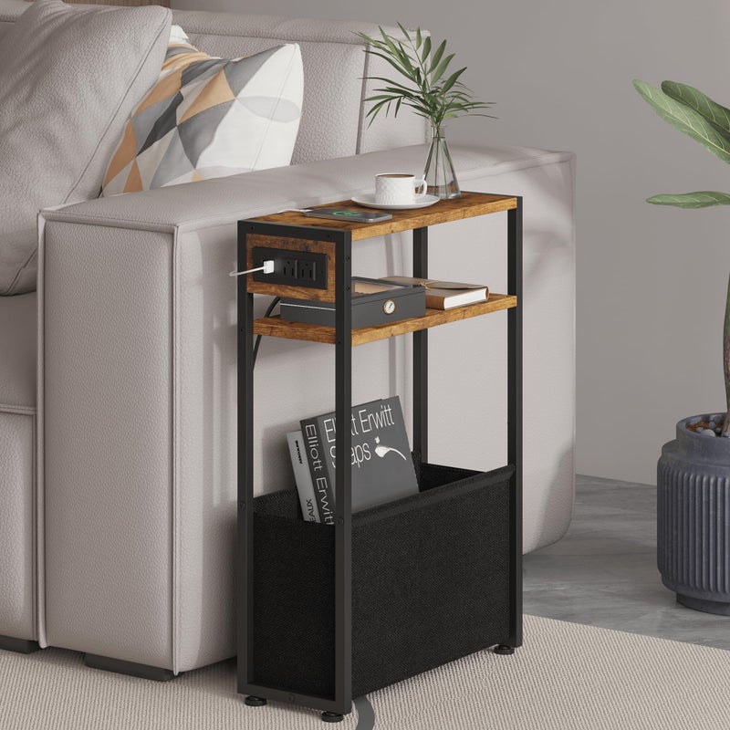 Leomonio Narrow Side Table, Slim End Tables with Fabric Basket, Skinny Table for Small Spaces, Thin Bedside Table for Living Room, Bedroom (1, Rustic Brown - Outlet) - Image 1