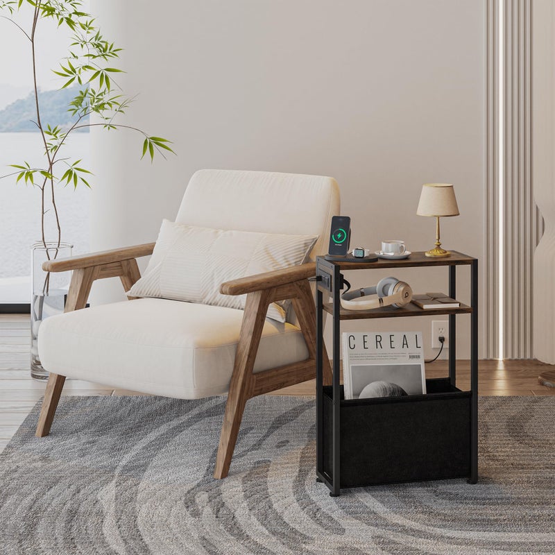 Leomonio Narrow Side Table, Slim End Tables with Fabric Basket, Skinny Table for Small Spaces, Thin Bedside Table for Living Room, Bedroom (1, Rustic Brown - Outlet) - Image 3