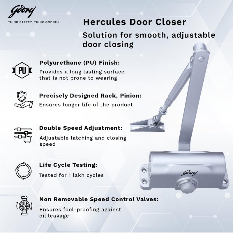 Godrej Locking Solutions and Systems Godrej Door Controls I Hercules Door Closer I for Wooden Aluminum Metal Doors I for Left Right Handed Doors I Compact Design I Door Weight Upto 60 KG I 3 Years Warranty I Sliver Finish  - Image 2