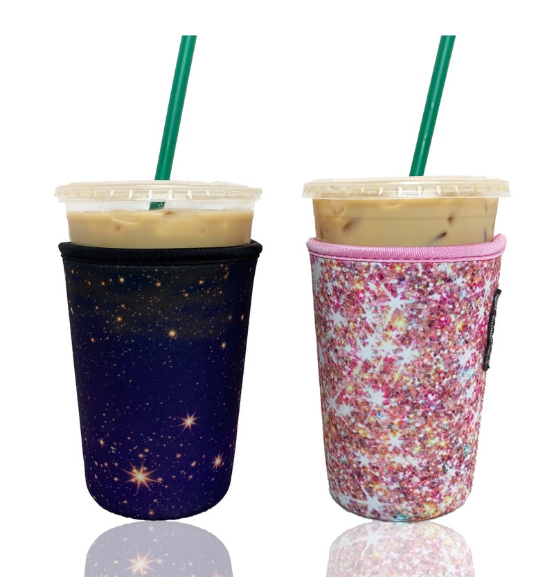 Baxendale and Co Reusable Neoprene Insulator Sleeves for Iced Coffee and Cold Drink Cups (2 PK Medium 22-24oz, Glitter/Sky Mix) - Image 1