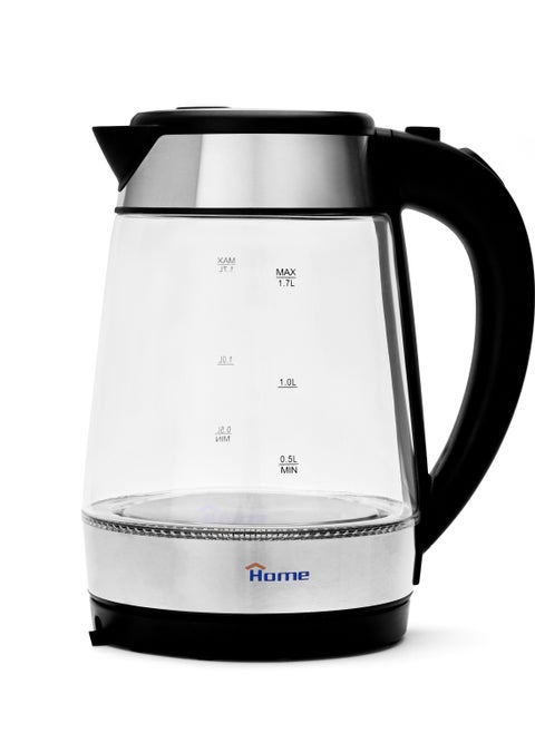 Glass electric kettle 1850W, capacity: 1.7L. 360-degree rotating base, easy to use. High-borosilicate glass body, durable and stain-resistant. Base made of stainless steel. Automatically shuts off when water boils. Blue indicator light.