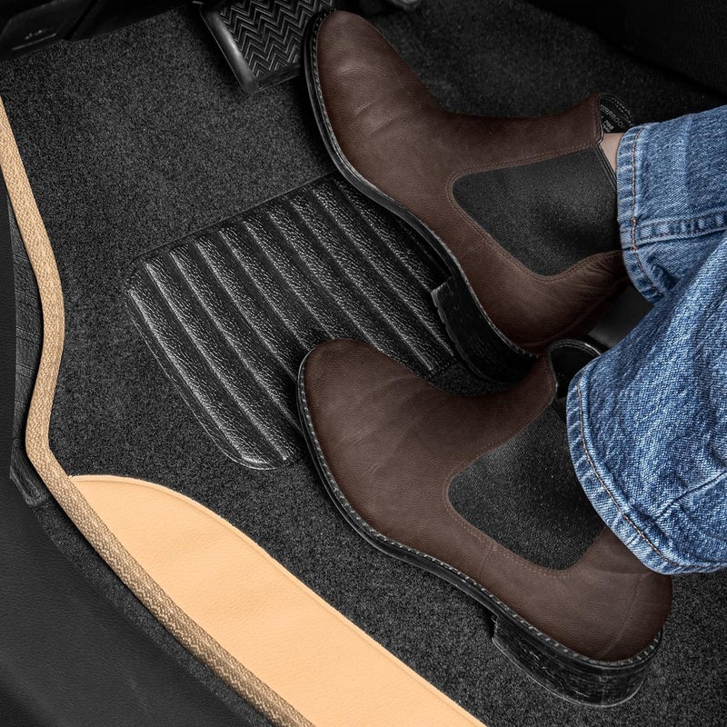 BDK Two-Tone Carpet Car Floor Mats with Faux Leather Accents - Beige - Image 3