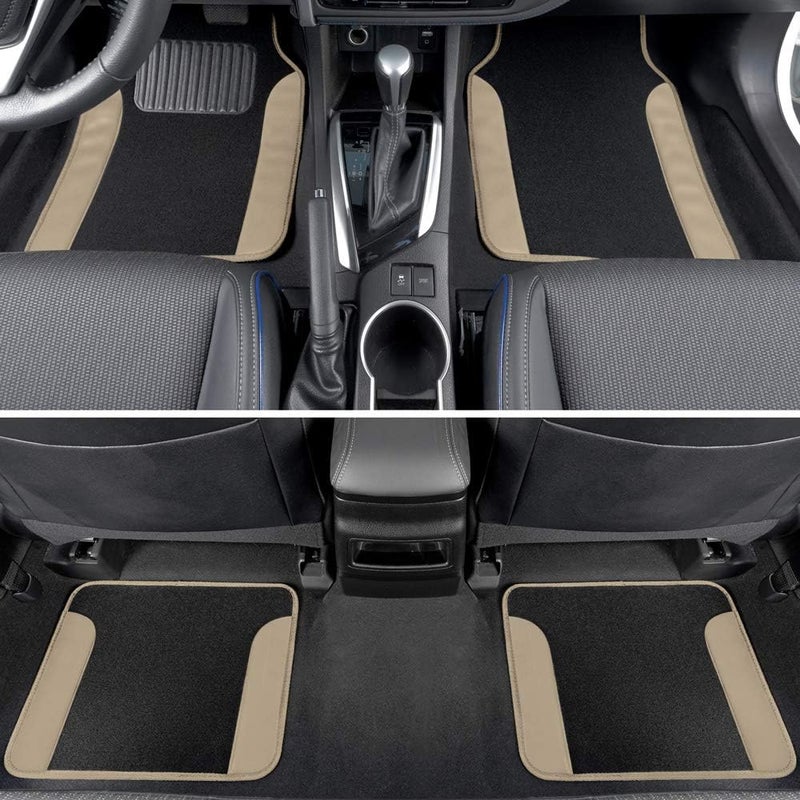 BDK Two-Tone Carpet Car Floor Mats with Faux Leather Accents - Beige - Image 2