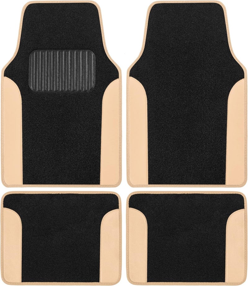 BDK Two-Tone Carpet Car Floor Mats with Faux Leather Accents - Beige - Image 1