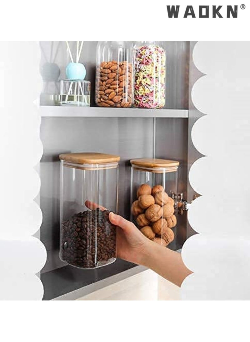 WAOKN 3-Piece Set of Square Glass Storage Jars with Wooden Lids, 1000MLAirtight Food Containers, Preservation Jars & Storage Boxes for Pasta, Flour, Grains, Spices, Tea, Coffee Beans, & Other Kitchen Staples - Perfect for Long-Term Food Preservation & Organization - Image 3