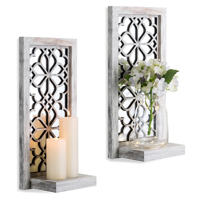 Walasis Wood Small Wall Shelves for Candle - Decorative Farmhouse Floating Shelf Candle Sconces for Wall Decor - Rustic Carved Floating Shelf Wooden Shelving for Bathroom Bedroom - Image 1
