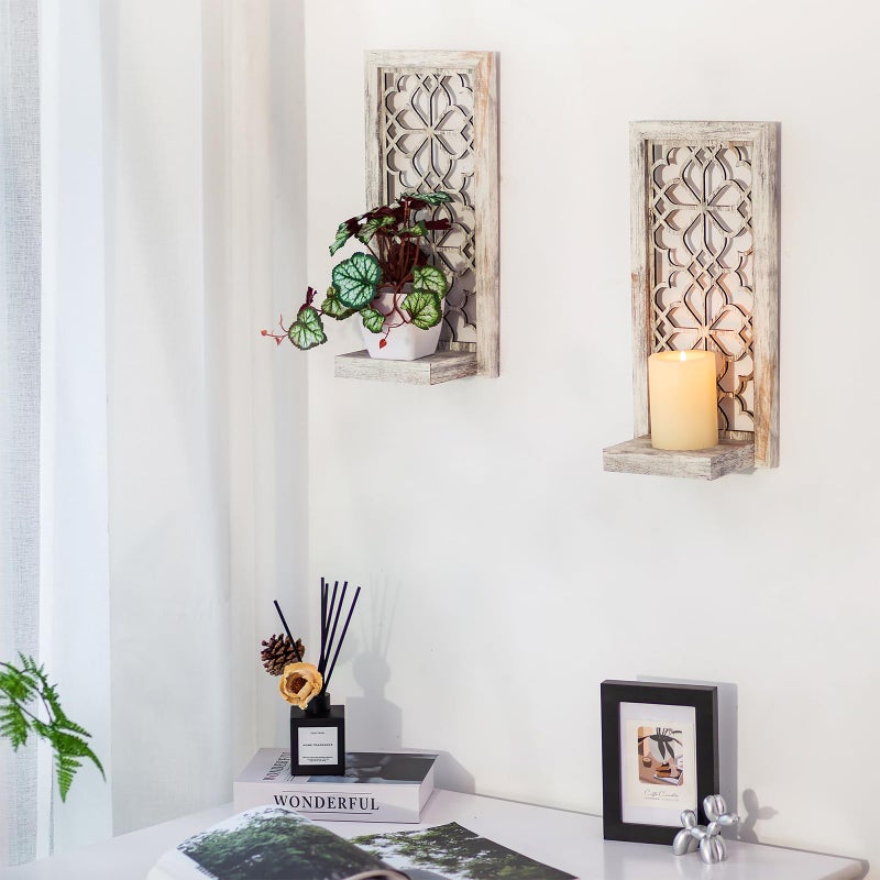 Walasis Wood Small Wall Shelves for Candle - Decorative Farmhouse Floating Shelf Candle Sconces for Wall Decor - Rustic Carved Floating Shelf Wooden Shelving for Bathroom Bedroom - Image 5