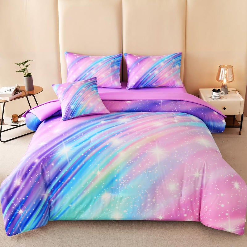 ASKOTU Full Size Bedding Set for Girls, Glitter Rainbow Comforter Set Full, 6 pcs Bed in A Bag Full Size Comforter Sets for Girls Kids, Galaxy Purple Bedding Sets with Sheets - Image 1