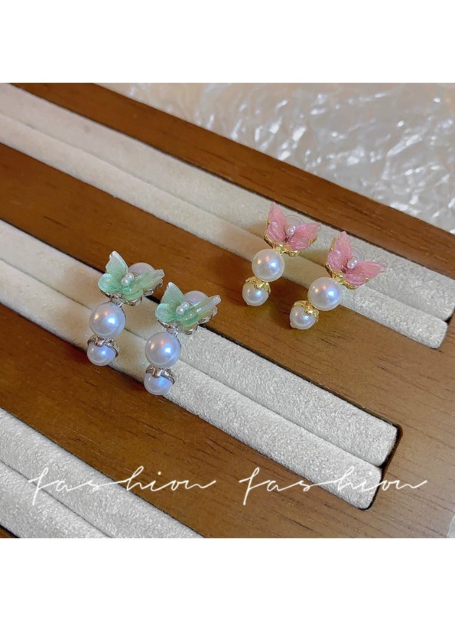 Goolsky Mint Green Butterfly Pearl Stud Earrings for Women – Forest Style, Elegant Boutique Jewelry - Image 3