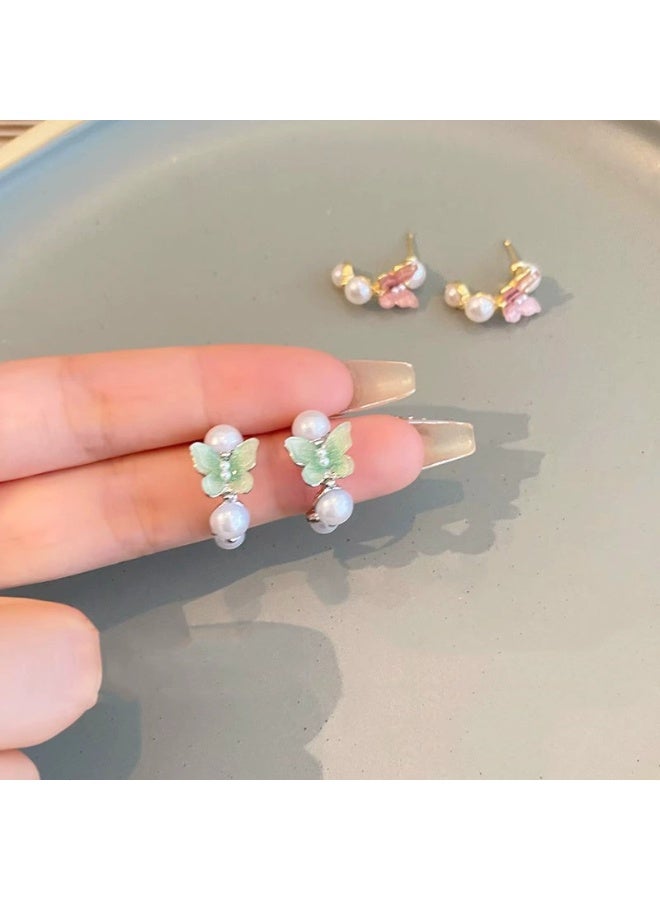 Goolsky Mint Green Butterfly Pearl Stud Earrings for Women – Forest Style, Elegant Boutique Jewelry - Image 4