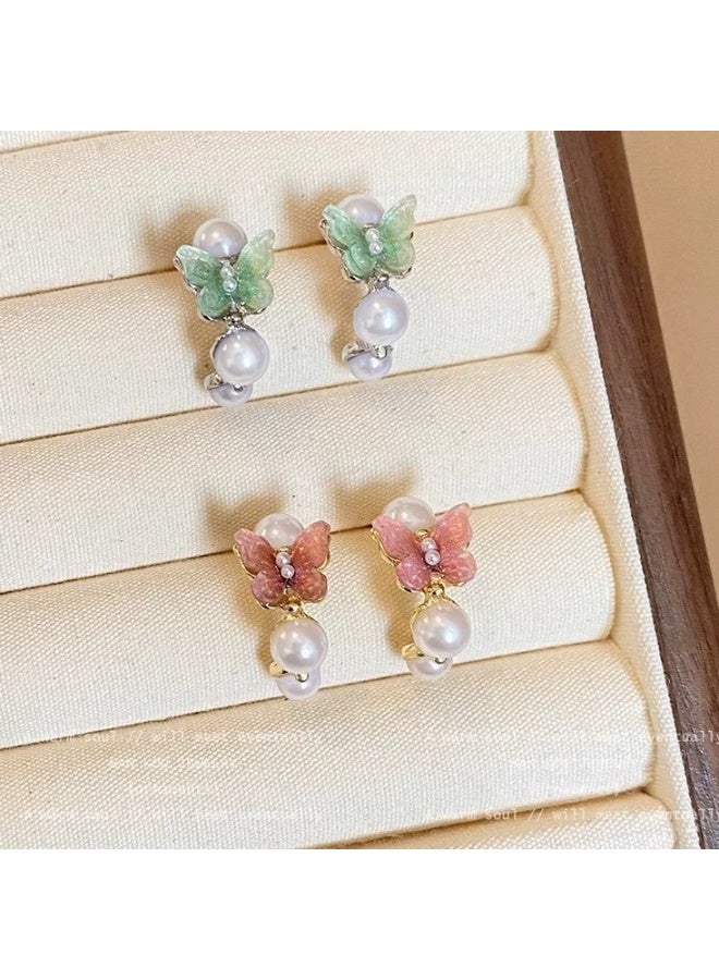 Goolsky Mint Green Butterfly Pearl Stud Earrings for Women – Forest Style, Elegant Boutique Jewelry - Image 2