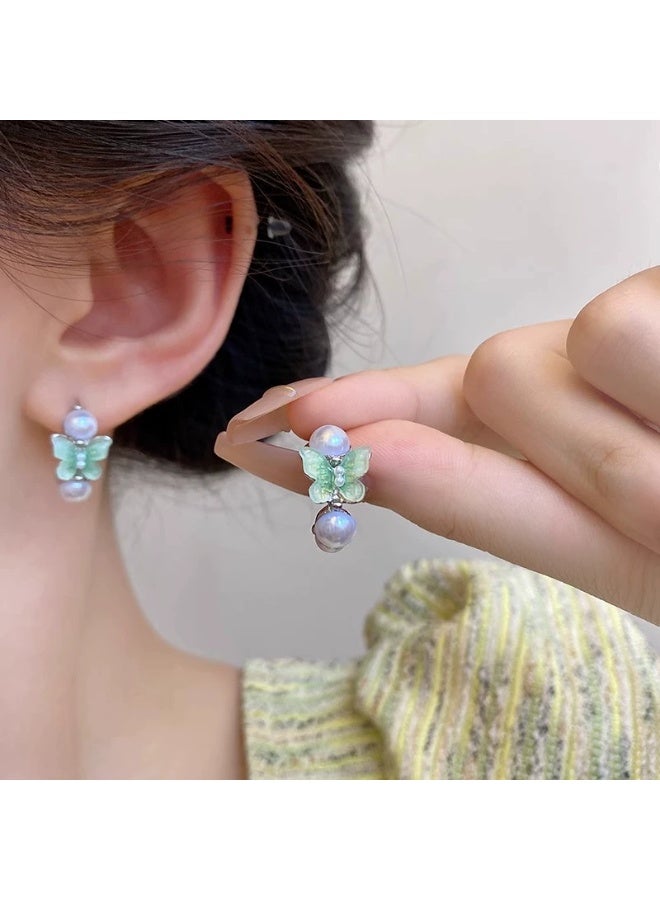 Goolsky Mint Green Butterfly Pearl Stud Earrings for Women – Forest Style, Elegant Boutique Jewelry - Image 1