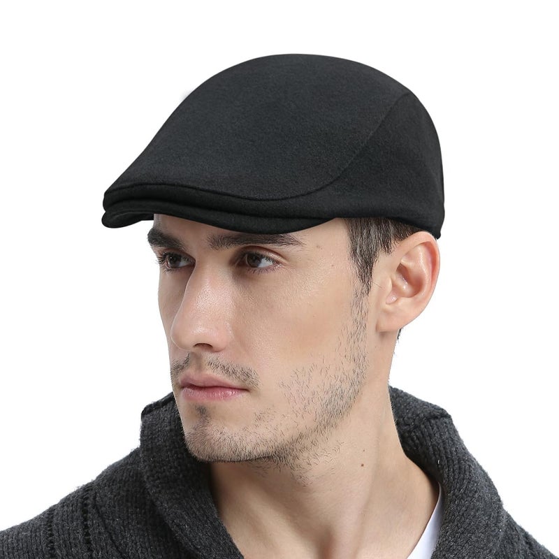 FEINION Men Wool Blend Flat Cap Tweed Newsboy Ivy Hat (Black) - Image 1