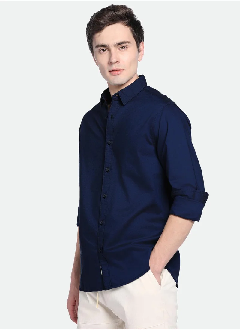 Dennis Lingo Blue Slim Fit Solid Shirt for Men - Cotton, Full Sleeves, Spread Collar, Casual